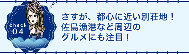 さすが、都心に近い別荘地！佐島漁港など周辺のグルメにも注目！